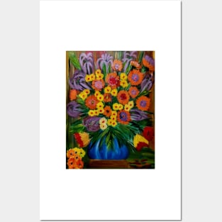 Some abstract vibrant colorful flowers in a glass vase with gold base accent Posters and Art